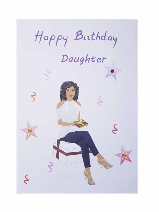 Young lady sitting on a gift box - birthday card for daughter