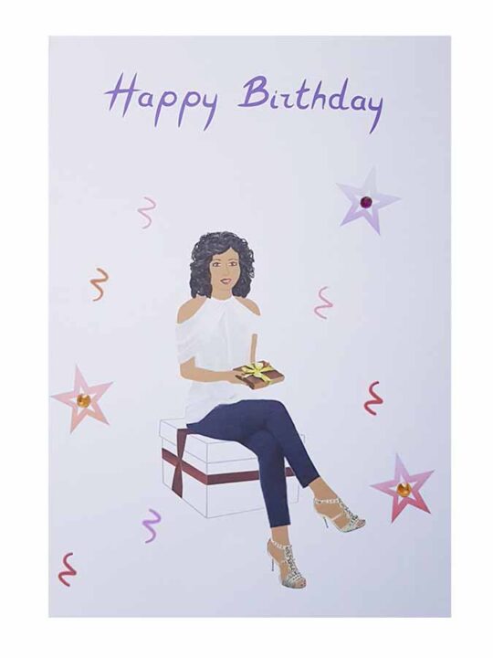 Young lady sitting on a gift box birthday card