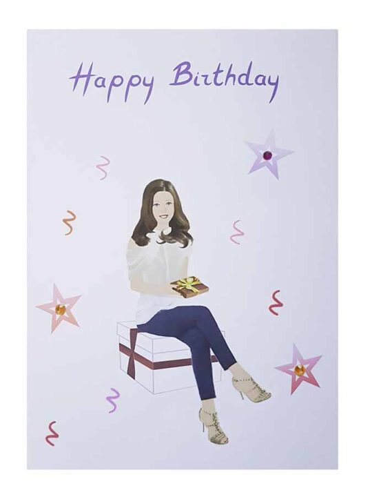Young lady sitting on a gift box - Birthday Card