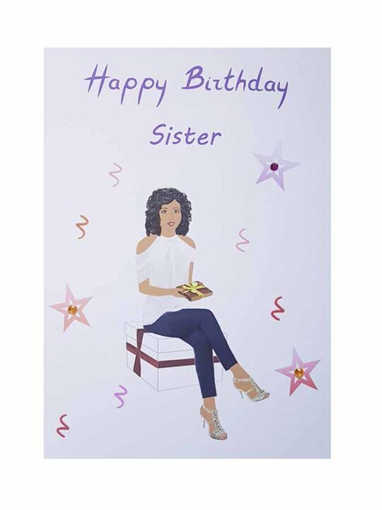 Young lady sitting on a gift box - birthday card for sister