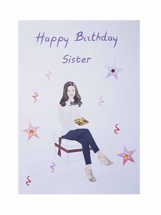 Young lady sitting on a gift box - birthday card for sister
