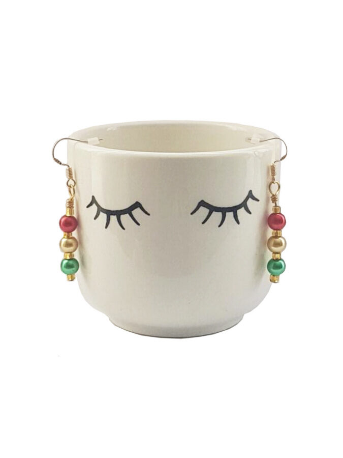 Red gold and green pearlescent glass bead dangle drop earrings