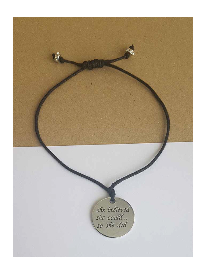 She believed she could - Simple adjustable black cord charm bracelet