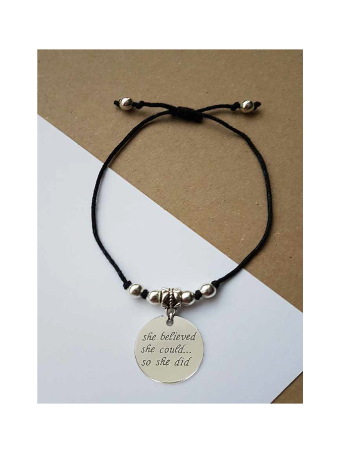 She believed she could - Adjustable black cord charm bracelet