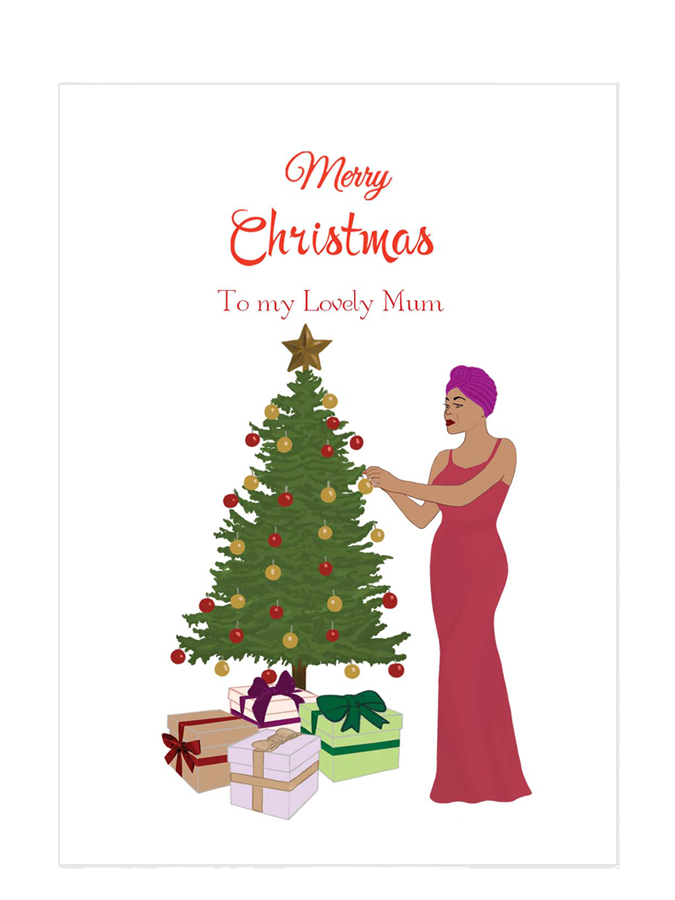 Mum decorating a Christmas tree (226) card