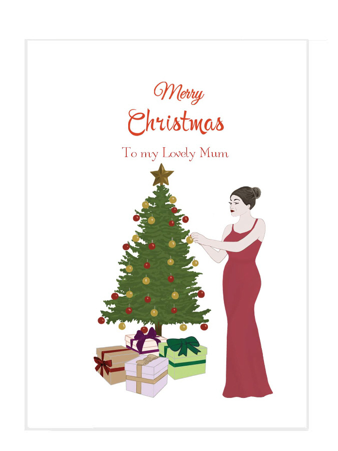 Mum decorating a Christmas tree (227) card
