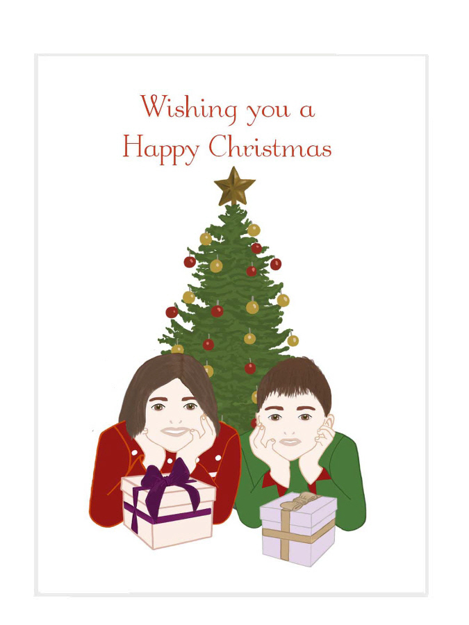 Girl and boy in front of Christmas tree (233) card