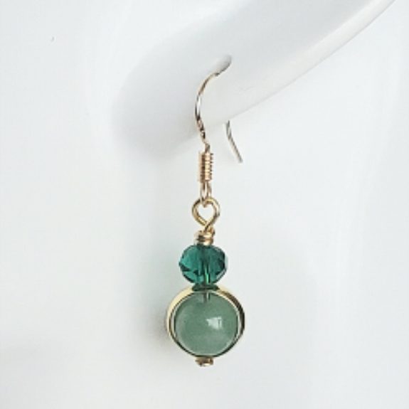 Semi-precious jade gemstone bead drop earrings on gold plated hooks. Unique handcrafted gifts for women. Made in the UK.