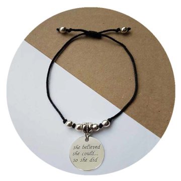 She believed she could – Adjustable black cord charm bracelet. Elegant unique handcrafted jewellery for women. Made in the UK.